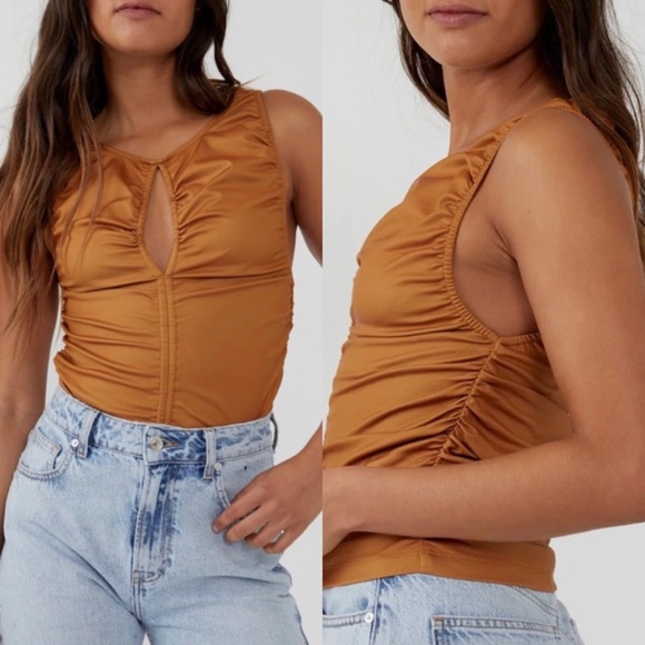 NWT Free People Ride Along Faux Leather Ruched Tank Top in Cowgirl Tan - Picture 1 of 11